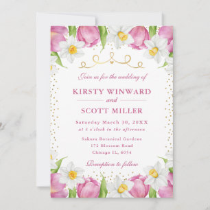 Convite Casamento de Tulipas e Narcisos Rosa em Aquarela