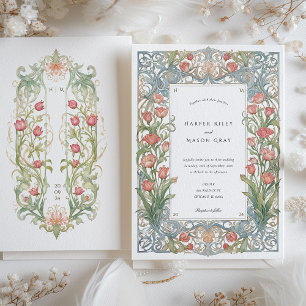 Convite Casamento de Tulipas Vermelhas Elegantes Art Nouve
