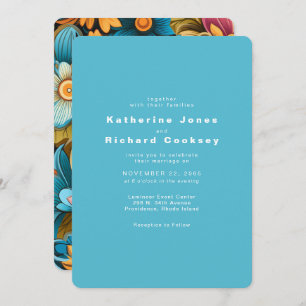 Convite Casamento de Turquesa Floral Retro Contemporânea