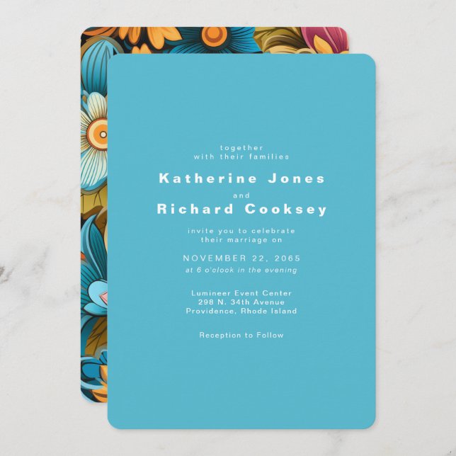 Convite Casamento de Turquesa Floral Retro Contemporânea (Frente/Verso)