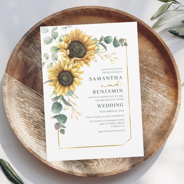 Convite Casamento de Typografia Floral Sunflower Greenery (Floral Sunflower Eucalyptus First Names Wedding Invitation)