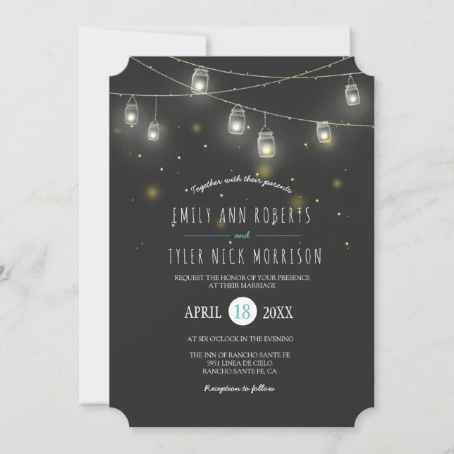 Convite Casamento de Vagalumes por Mason Jars (Frente)