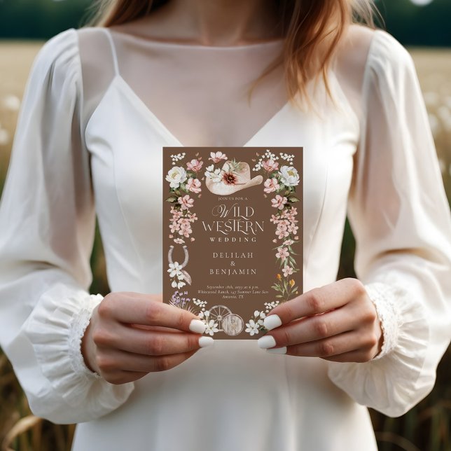 Convite Casamento de Vaqueiro Floral Elegante Western Wate (Elegant Western Watercolor Floral Cowboy Wedding Invitation (Front))