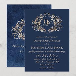 Convite Casamento de Veludo Falso Botânico Azul Marinho Rú