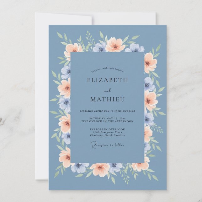 Convite Casamento de Verão Azul Desbotado Elegante (Frente)