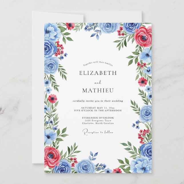 Convite Casamento de Verão Azul Desbotado Refinado (Frente)