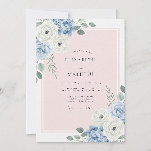 Convite Casamento de Verão Azul Pó Gracioso (Frente)