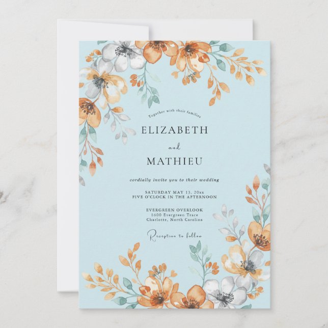 Convite Casamento de Verão Azul Pó Pintado (Frente)
