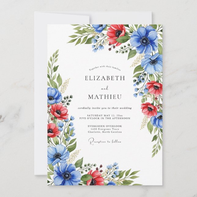Convite Casamento de Verão Azul Real Radiante Vermelho (Frente)