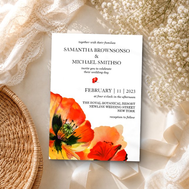 Convite Casamento de Verão Botânico com Flor Vermelho (Criador carregado)
