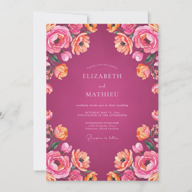 Convite Casamento de Verão Brilhante Magenta (Frente)