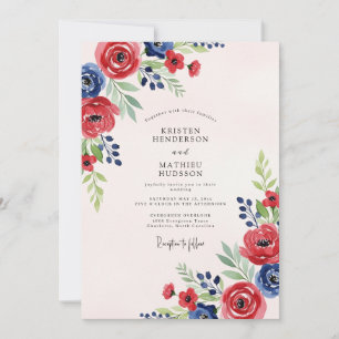 Convite Casamento de Verão com Aquarela Azul Naval Vermelh