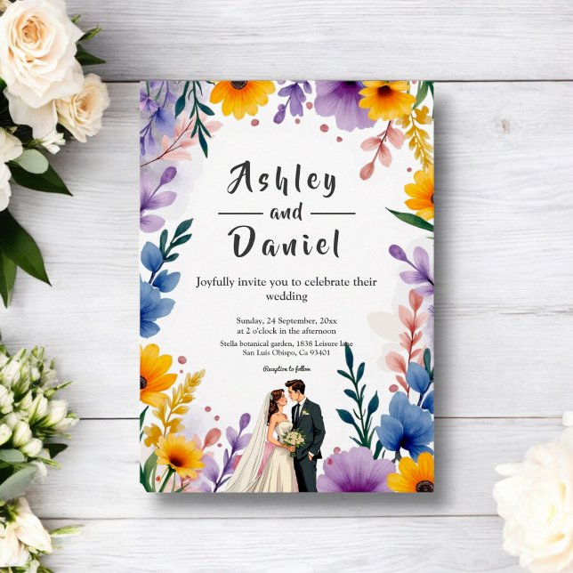 Convite Casamento de Verão com Casal de Jardim Floral de W (Criador carregado)