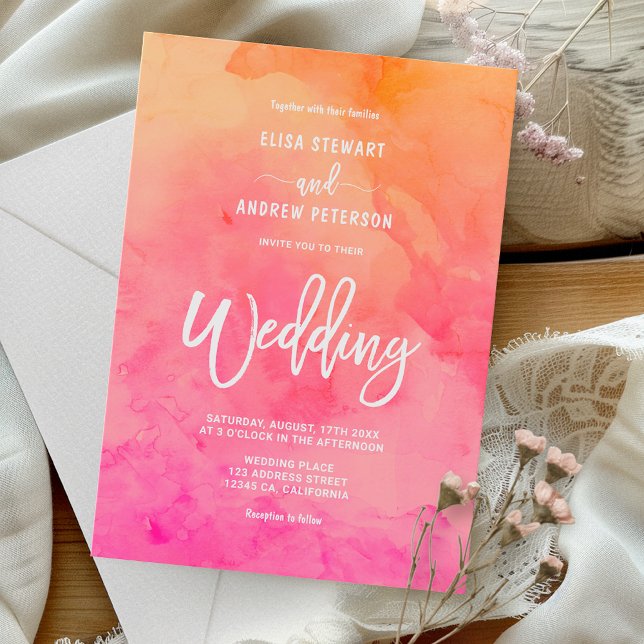 Convite Casamento de verão com cor de laranja rosa moderna (Modern pink orange watercolor summer wedding invitation)