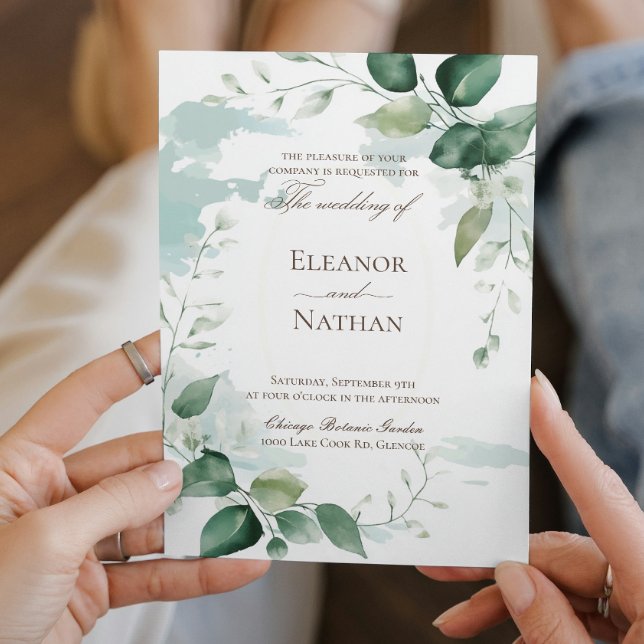 Convite Casamento de verão com folhas verdes planas (Criador carregado)