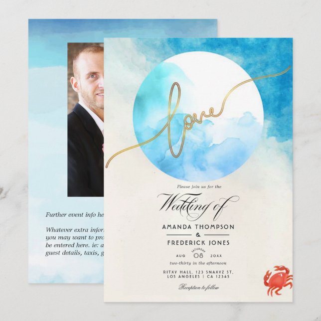 Convite Casamento de Verão com Foto em Aquarela na Praia (Frente/Verso)