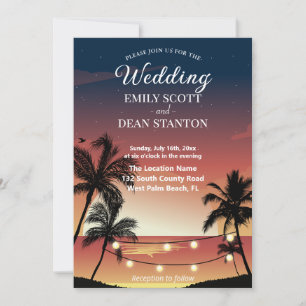 Convite Casamento de Verão com Palmeiras ao Pôr do Sol