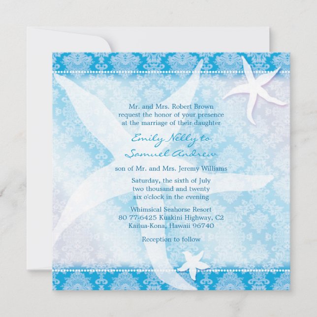 Convite Casamento de Verão com Starfish de praia azul (Frente)