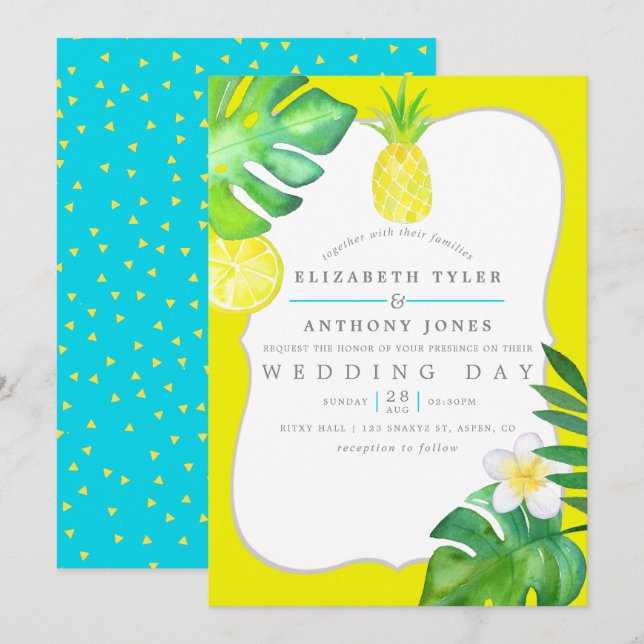 Convite Casamento de Verão com Turquesa e Aquarela (Frente/Verso)