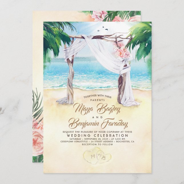 Convite Casamento de Verão de Dreamy Beach Arbor Tropical (Frente/Verso)