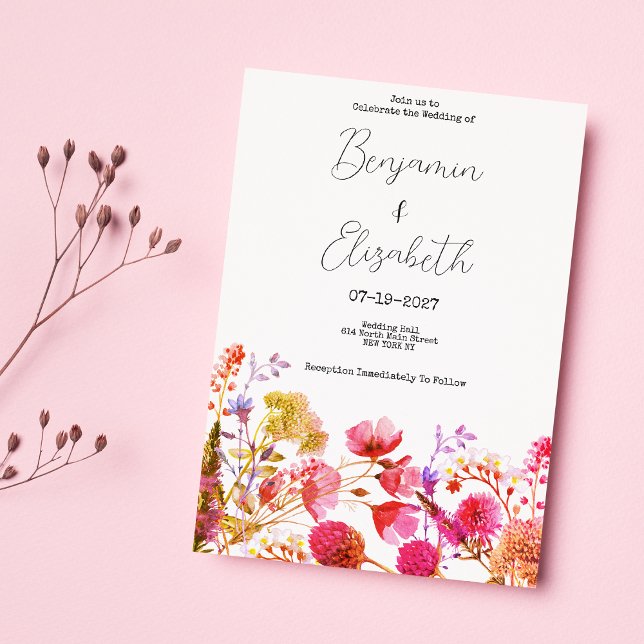 Convite Casamento de Verão de flor amarela alaranjada (Orange pink yellow wildflower summer Wedding)
