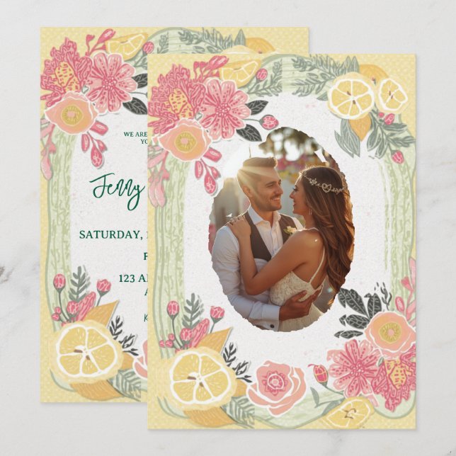 Convite Casamento de Verão de Limão Floral (Frente/Verso)