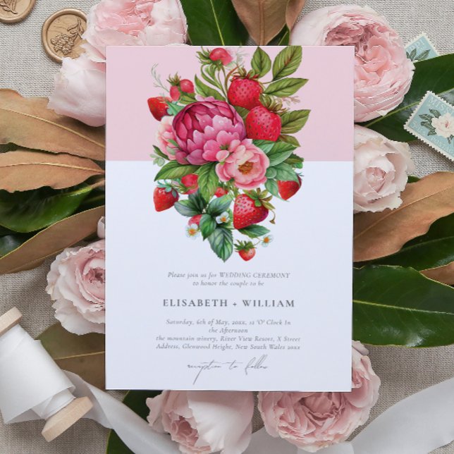 Convite Casamento de Verão de Morango Elegante e Peonies (Criador carregado)