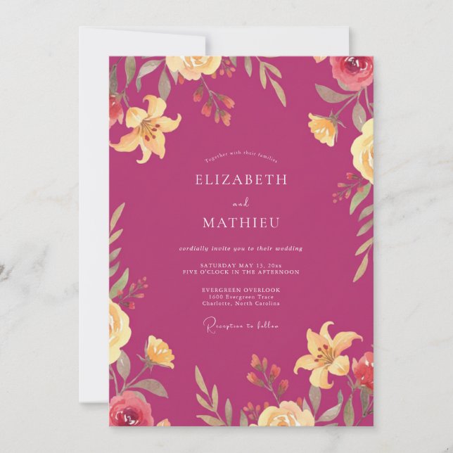Convite Casamento de Verão Deslumbrante Magenta (Frente)