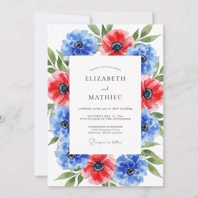 Convite Casamento de Verão Dinâmico Azul Escarlate (Frente)
