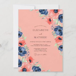 Convite Casamento de Verão Encantador Coral Azul Marinho