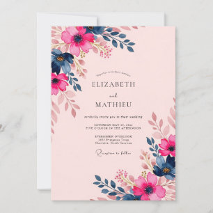 Convite Casamento de Verão Encantador Fuchsia Azul Marinho