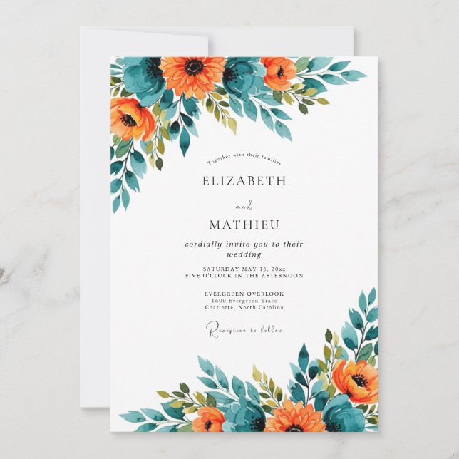 Convite Casamento de Verão Espetacular em Laranja Teal (Frente)
