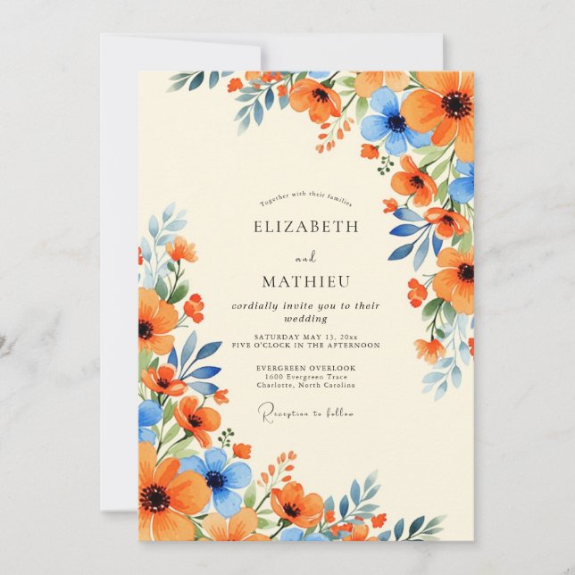 Convite Casamento de Verão Esplêndido Azul Mil-flores Lara (Frente)