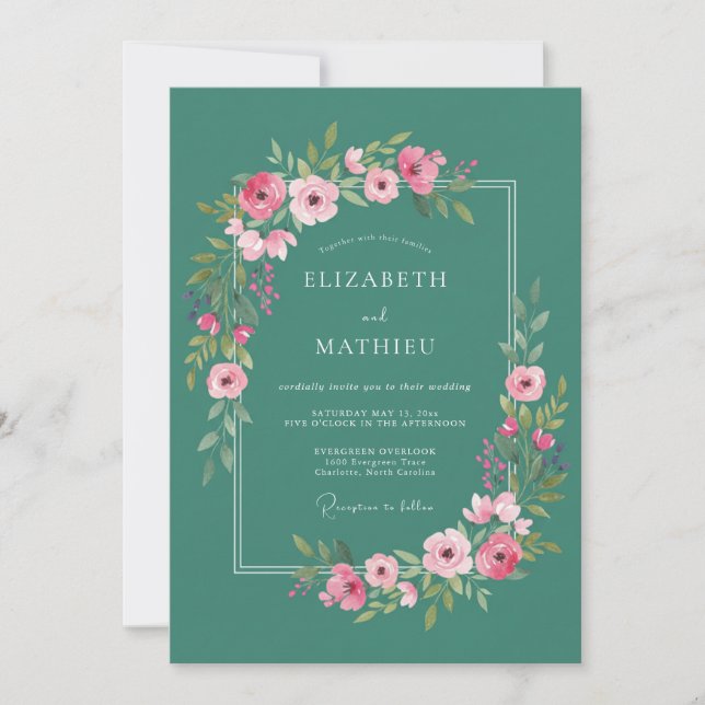 Convite Casamento de Verão Etéreo Azul-Verde (Frente)