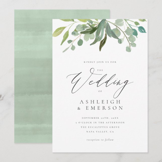 Convite Casamento de Verão Eucalyptus Greenery Chic Waterc (Frente/Verso)