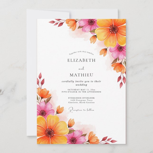 Convite Casamento de Verão Exuberante Laranja Magenta (Frente)
