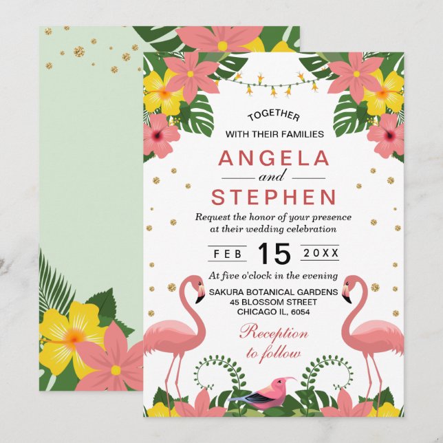 Convite Casamento de Verão Flamingo Floral Tropical (Frente/Verso)