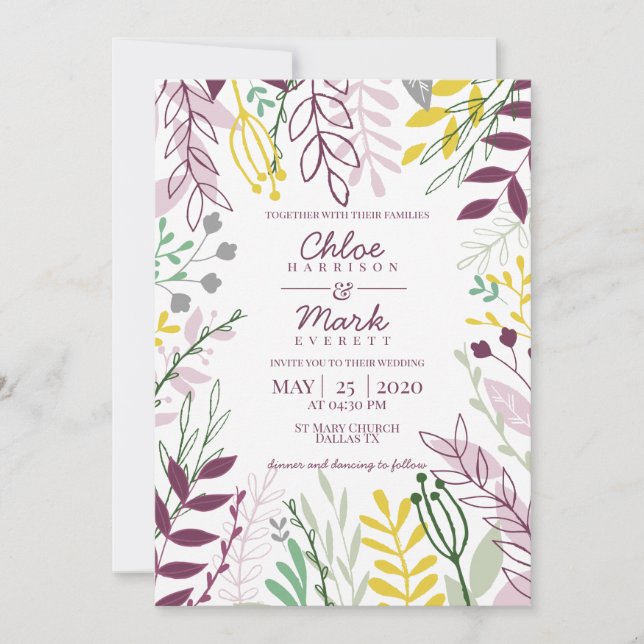 Convite Casamento de Verão Floral Boho Roxo Amarelo (Frente)