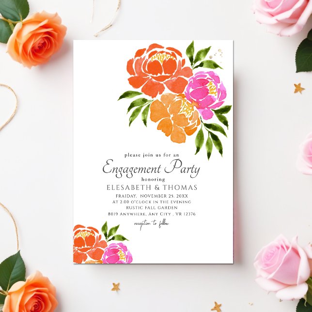 Convite Casamento de Verão Floral de Coral Laranja Brilhan (Criador carregado)