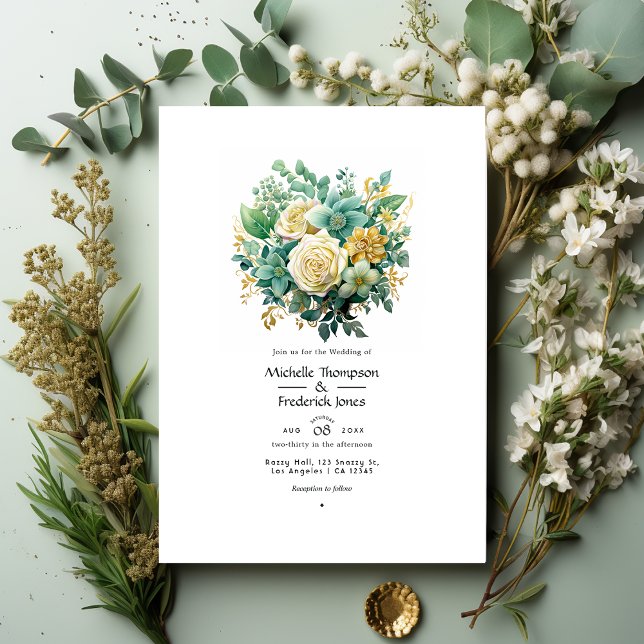 Convite Casamento De Verão Floral Dourado E Verde De Mint (Criador carregado)