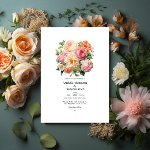 Convite Casamento de Verão Floral em Rosa Pastel, Verde e