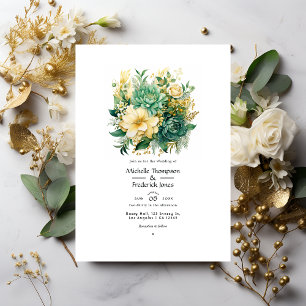 Convite Casamento de Verão Floral em Verdes e Dourados