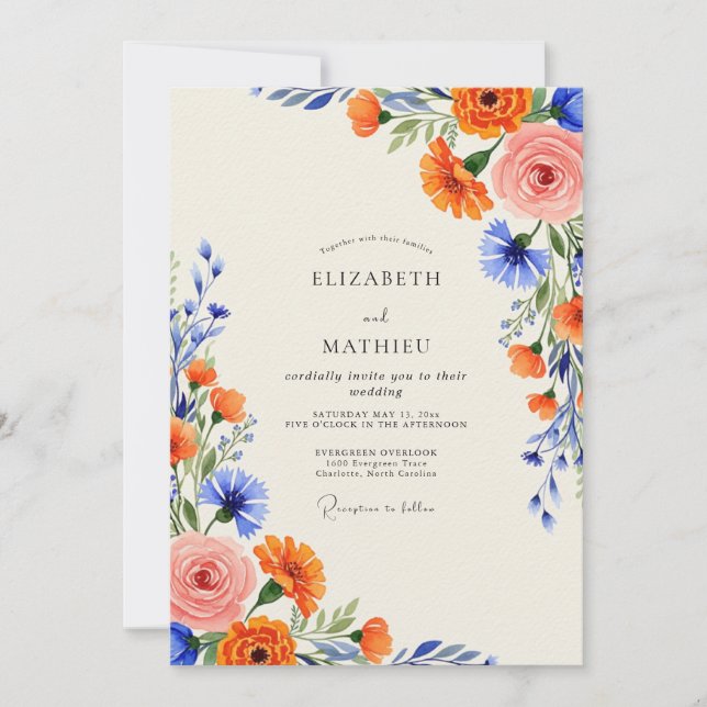 Convite Casamento de Verão Florescente Laranja (Frente)