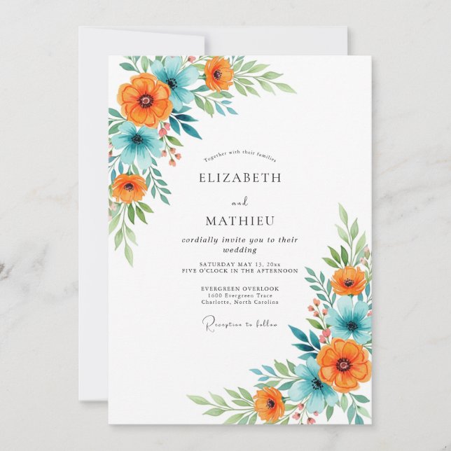 Convite Casamento de Verão Glorioso Laranja Azul (Frente)
