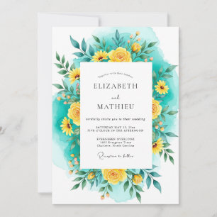 Convite Casamento de Verão Luminoso Azul-Verde e Amarelo