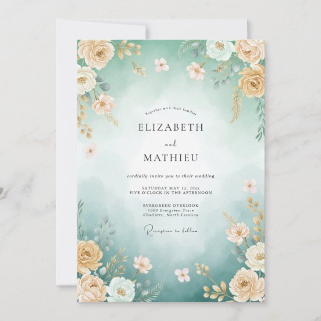 Convite Casamento de Verão Magnífico Azul-Verde (Frente)