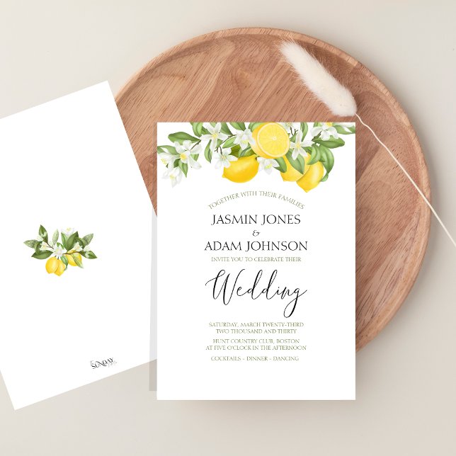 Convite Casamento de Verão Mínimo com Limão e Verde (Citrus Lemons and Greenery Summer Fruits Wedding Invitation)