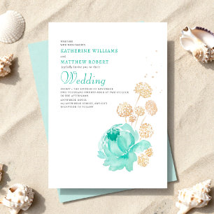 Convite Casamento de Verão na Praia com Bege e Teal Claro