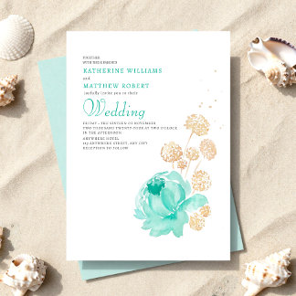 Convite Casamento de Verão na Praia com Bege e Teal Claro