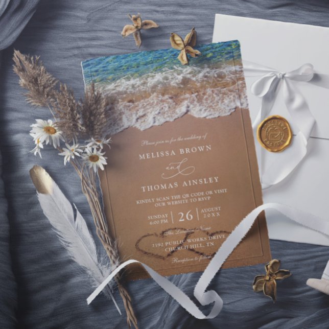 Convite Casamento de Verão na Praia com Código QR Corações (Criador carregado)